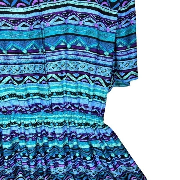 Lady Carol Vintage 80s 90s Pleated Short Sleeve Abstract Funky Shirt Mini Dress - Picture 10 of 16